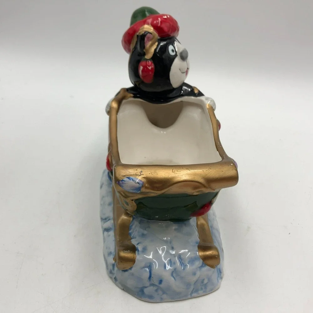 WCL Black Cat Sleigh Sled VINTAGE CHRISTMAS Winter CERAMIC BOWL PLANTER